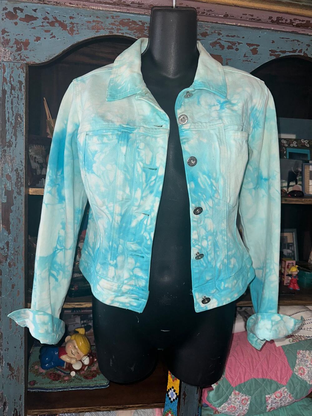 Vintage Y2k Unworn A.B.S. Turquoise Tie Dye Denim Jean Jacket